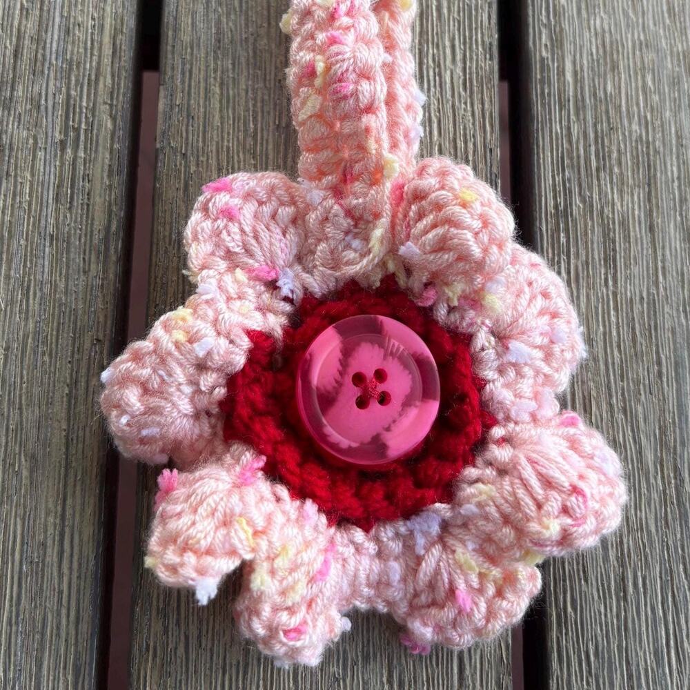Handmade Crochet Pink Flower Keychain with Cute Button Detail and Silver Clasp